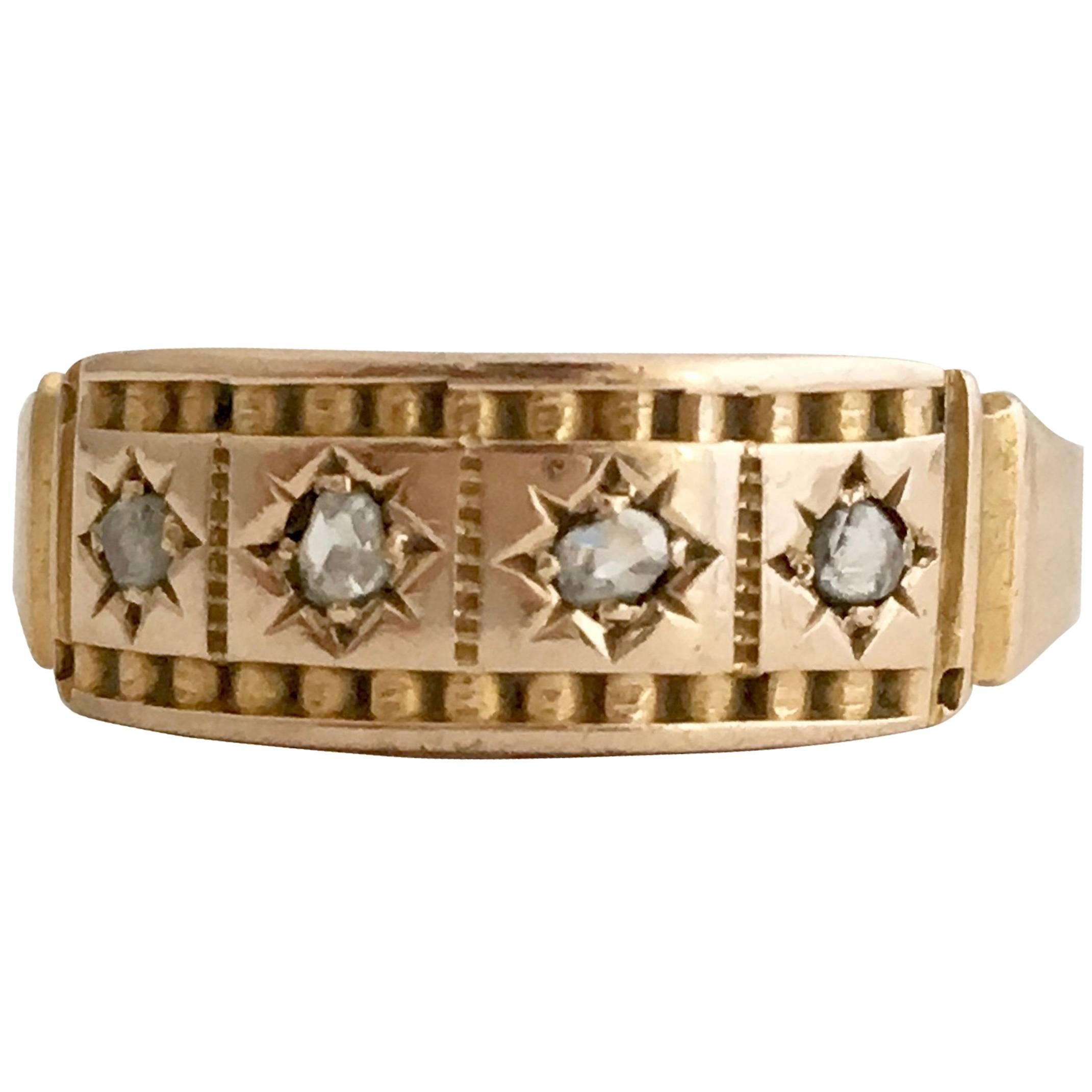 15ct Gold Rose Cut Diamond Chip Ring Antique Gypsy Set Star Band Etruscan Detail