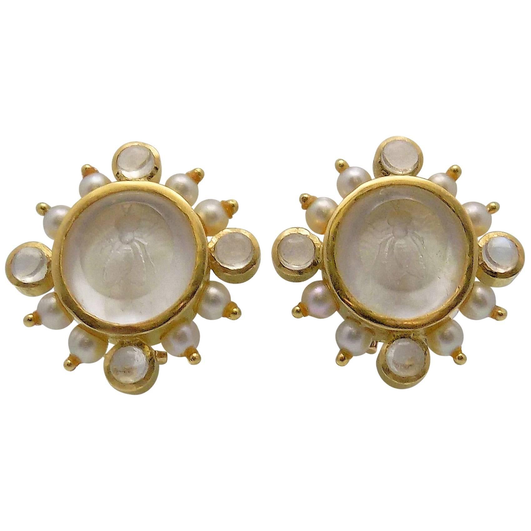 Elizabeth Locke 18 Karat Yellow Gold Clip/Pierced Mother-of-Pearl "Bee" Earrings