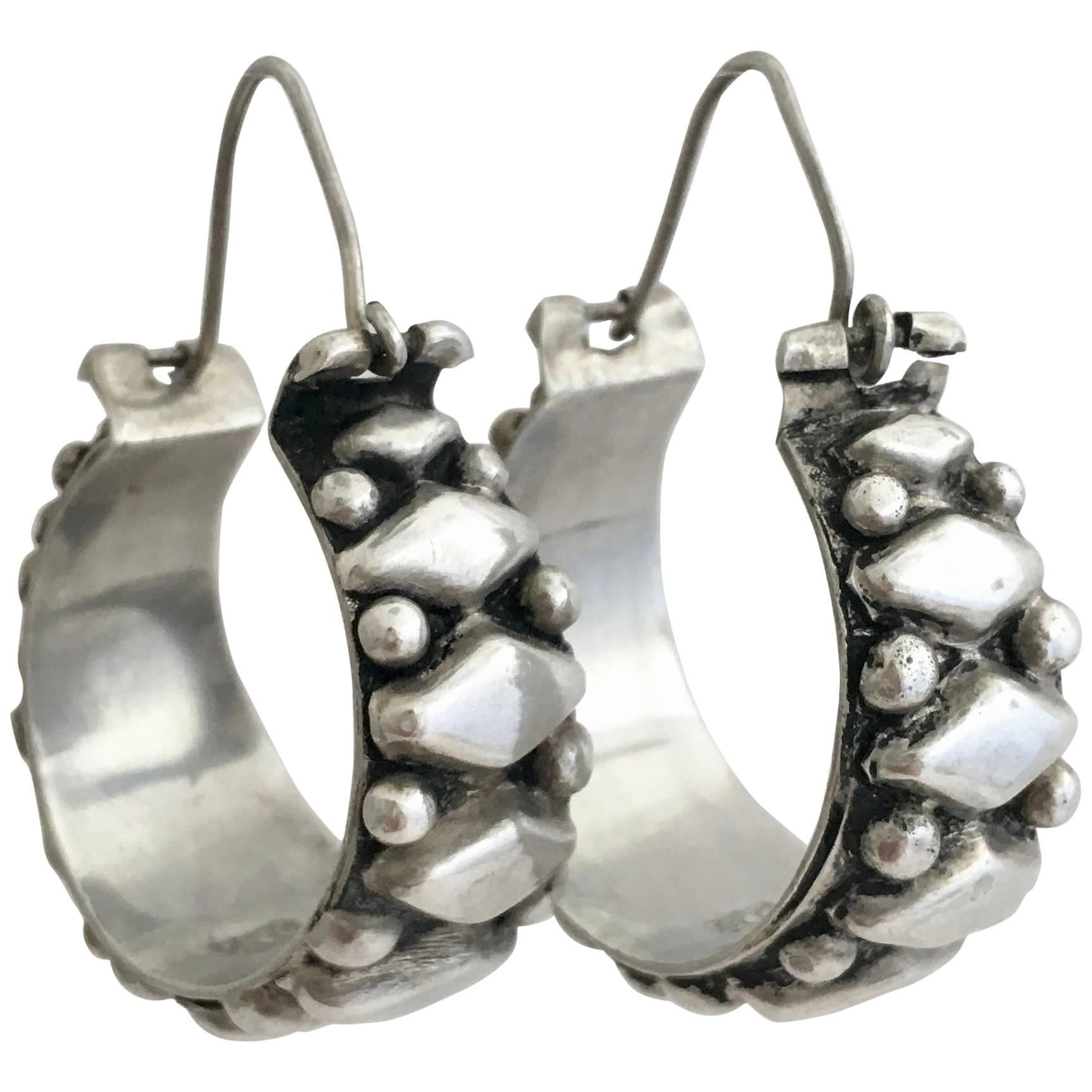 Silver Hoops Folk Bohemian Vintage Jewelry Chunky Hoop Earrings For Sale