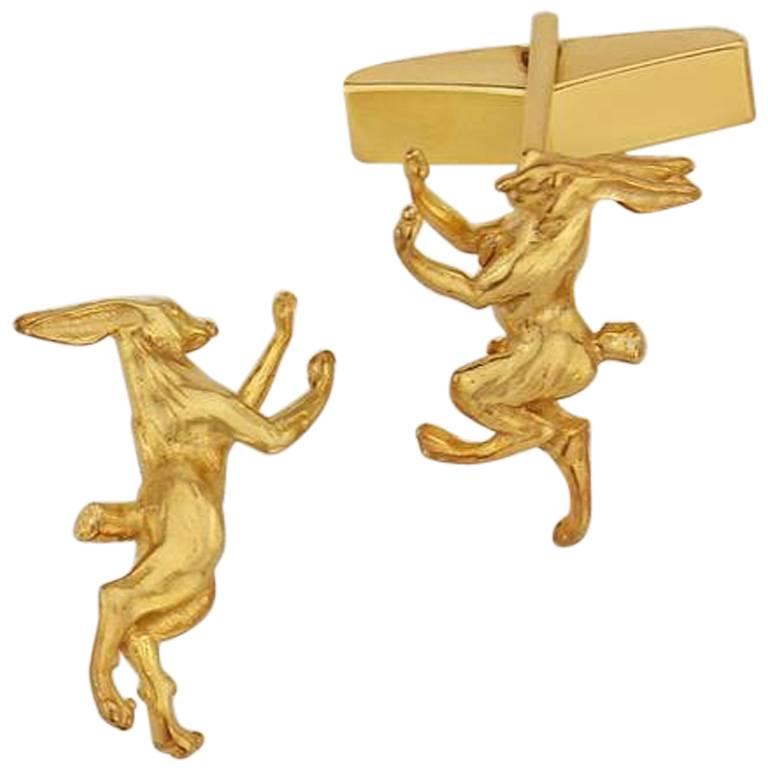 Boxing Hare Cufflinks in Sterling Silver with 18 Karat Vermeil For Sale