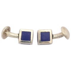 Antique American Art Deco Sterling Silver and Blue Guilloche Enamel Cufflinks