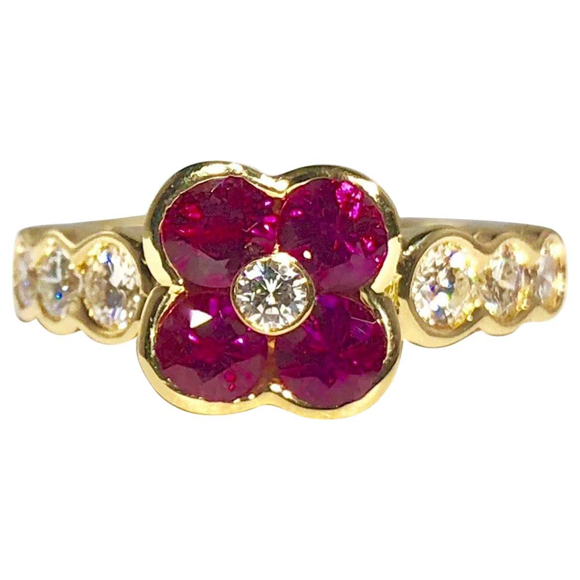 Gumuchian 18 Karat Yellow Gold Diamond and Ruby Flower Cocktail Ring