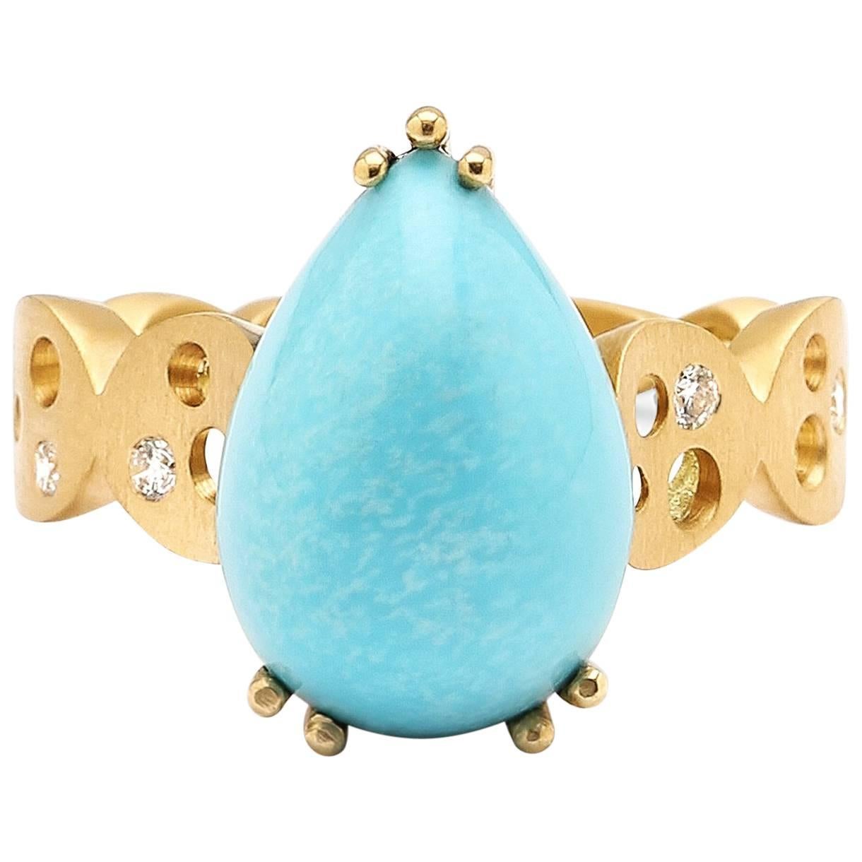 Pear-Shaped Sleeping Beauty Turquoise and Coin Band Ring For Sale