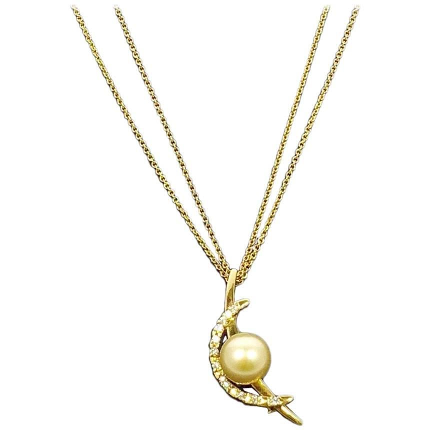 Tasaki 18 Karat Diamond and Natural Pearl Pendant/Pin 18 Karat Chain Necklace For Sale