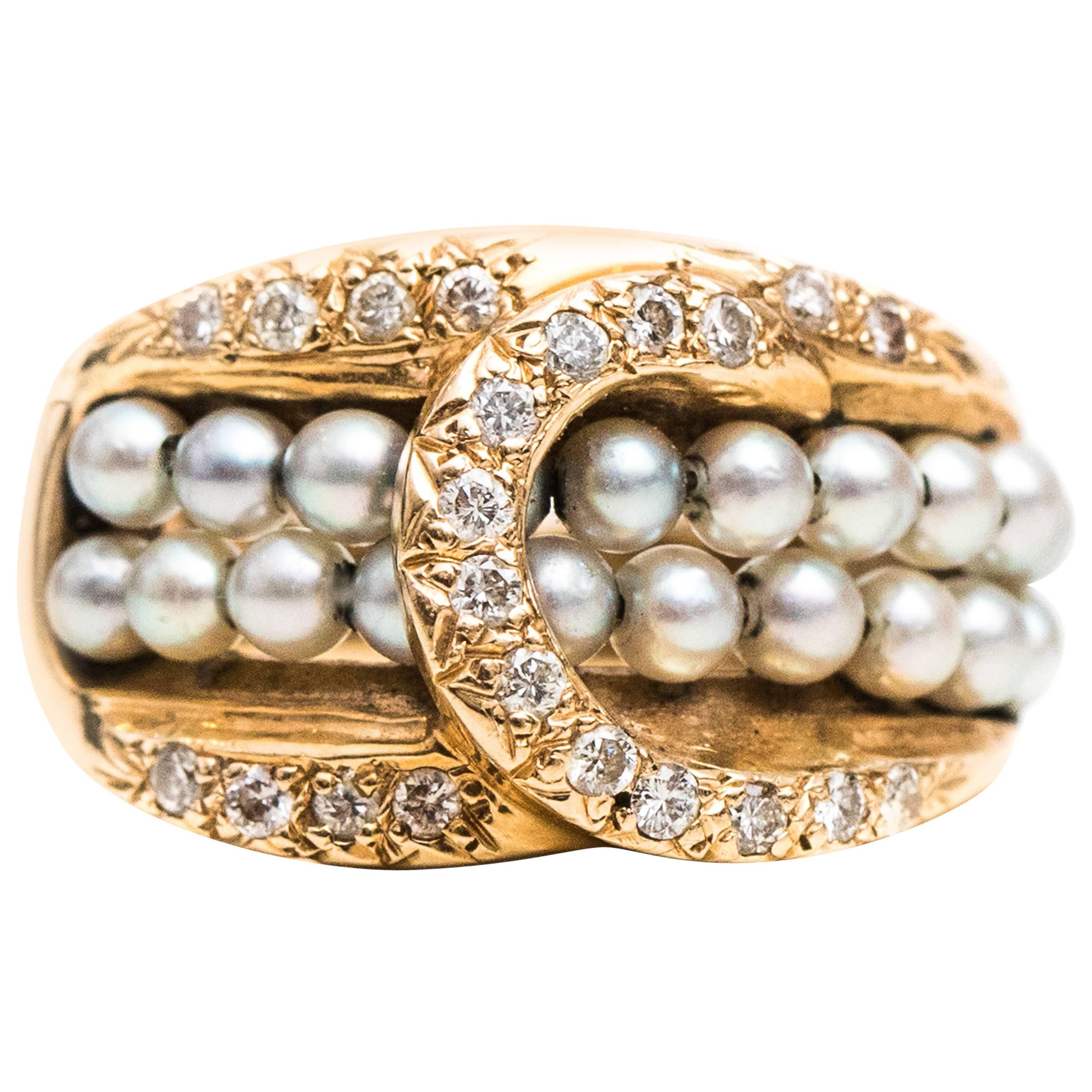 Diamond, Pearl and 14 Karat Yellow Gold Belt Buckle Cocktail Ring