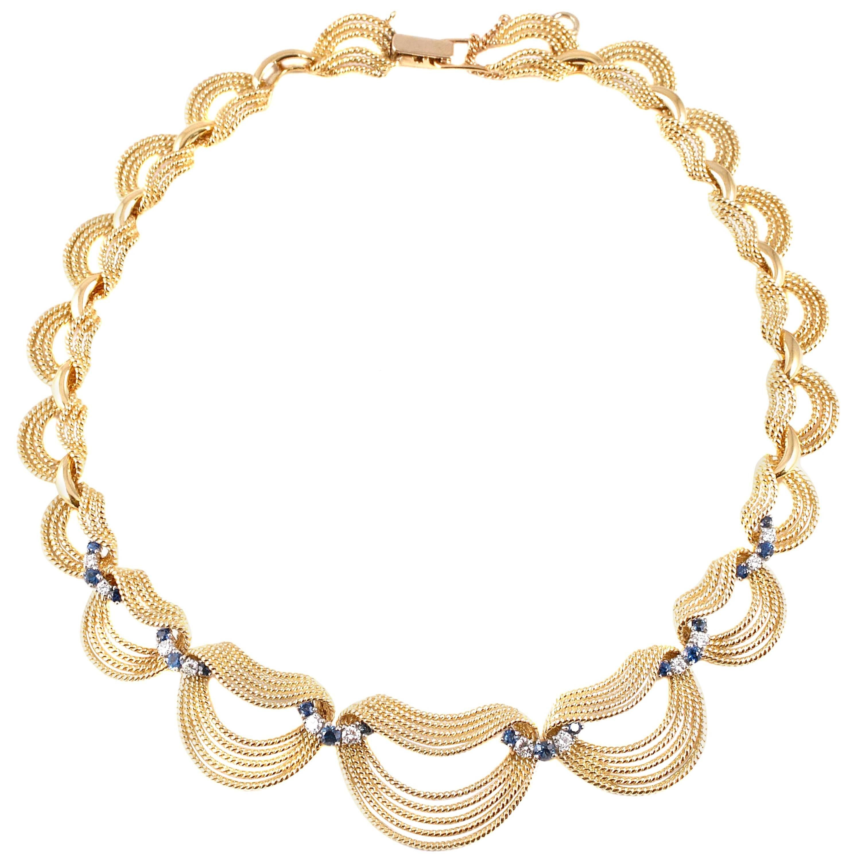 "Tiffany & Co." Vintage Yellow Gold Blue Sapphire Diamond Necklace