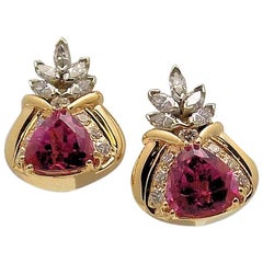 14 Karat Gold and White Gold Diamond and Pink Tourmaline Pierced Earrings