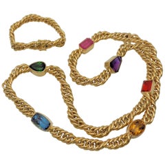 18 Karat Yellow Gold Multi-Gemstone Necklace and Bracelet Set