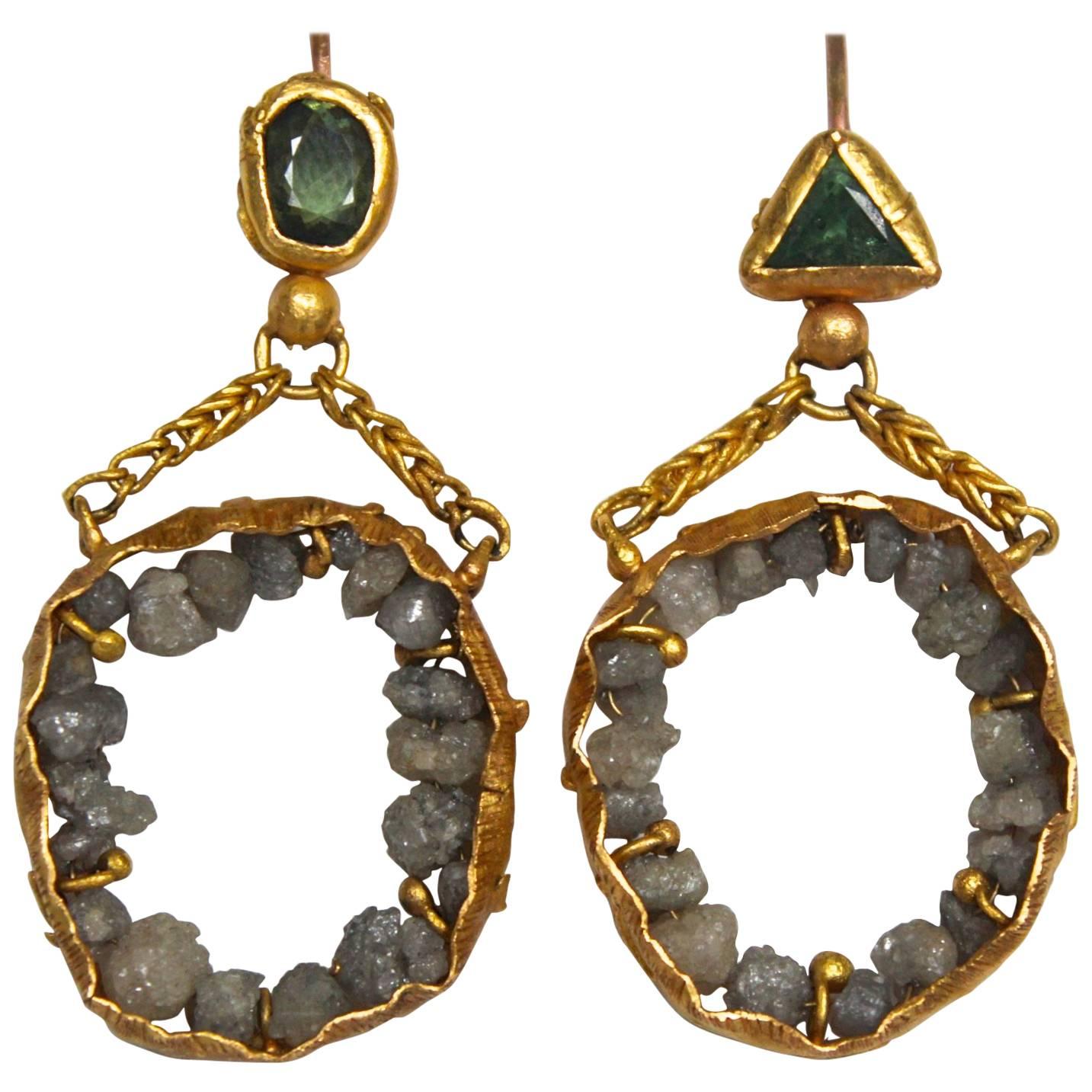 Untitled Earrings. Fun, asymmetrical diamond 21k solid gold dangle chandelier earrings featuring demantoid garnets and grey raw diamonds. Perfect for every day. Their neutral subtle color allows easy coordination with any outfit. Show off your