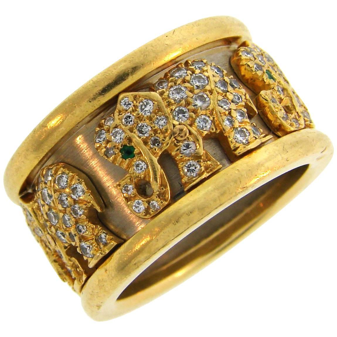Cartier Diamond Emerald Gold Elephant Band Ring