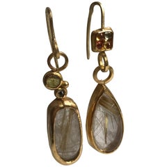 Rutilated Quartz Sapphire Tourmaline 22K-21K Gold Dangle Drop Handmade Earrings