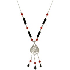 Retro Coral 18 Carat white Gold Onyx Diamonds Pendant Necklace