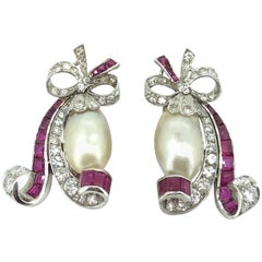 Art Deco Natural Pearl Ruby Diamond Earring Clips, circa 1920