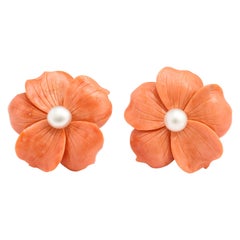 Donna Vock Carved Coral and Pearl Clip-On Earrings