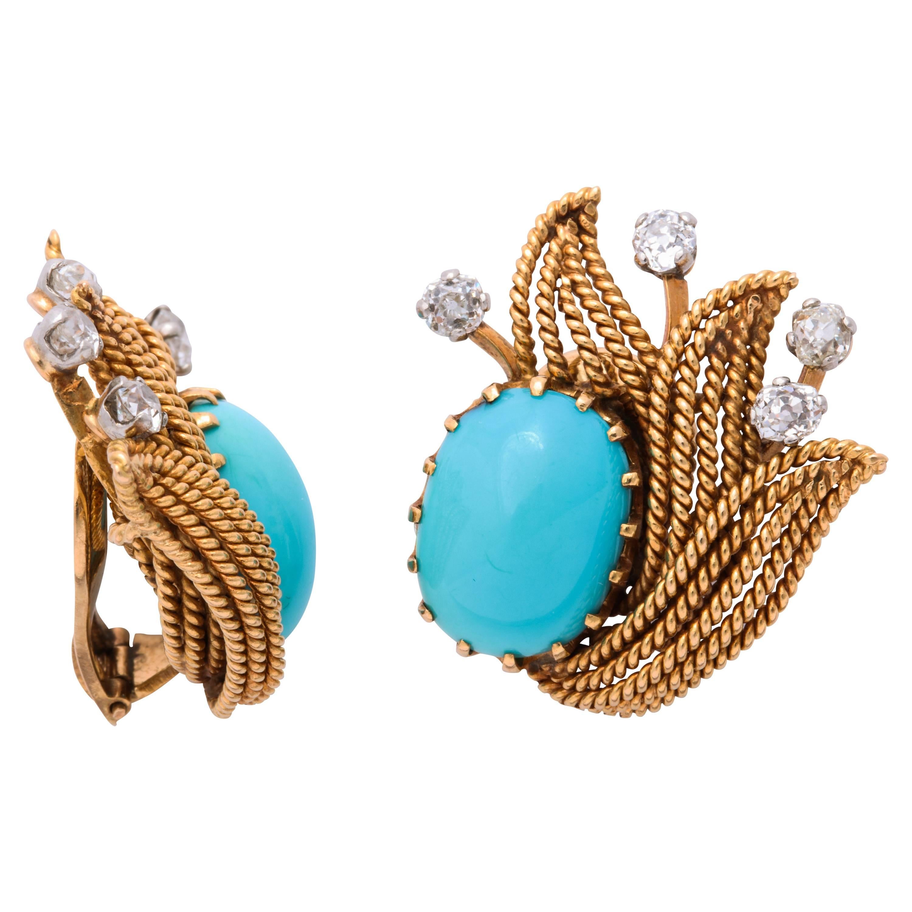 Turquoise and Diamond Retro Clip-On Earrings