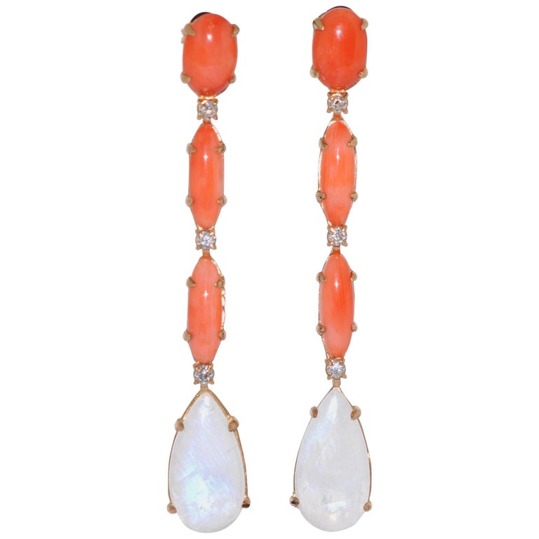 Coral, Moonstone and Diamond Yellow Gold Chandelier Earrings For Sale