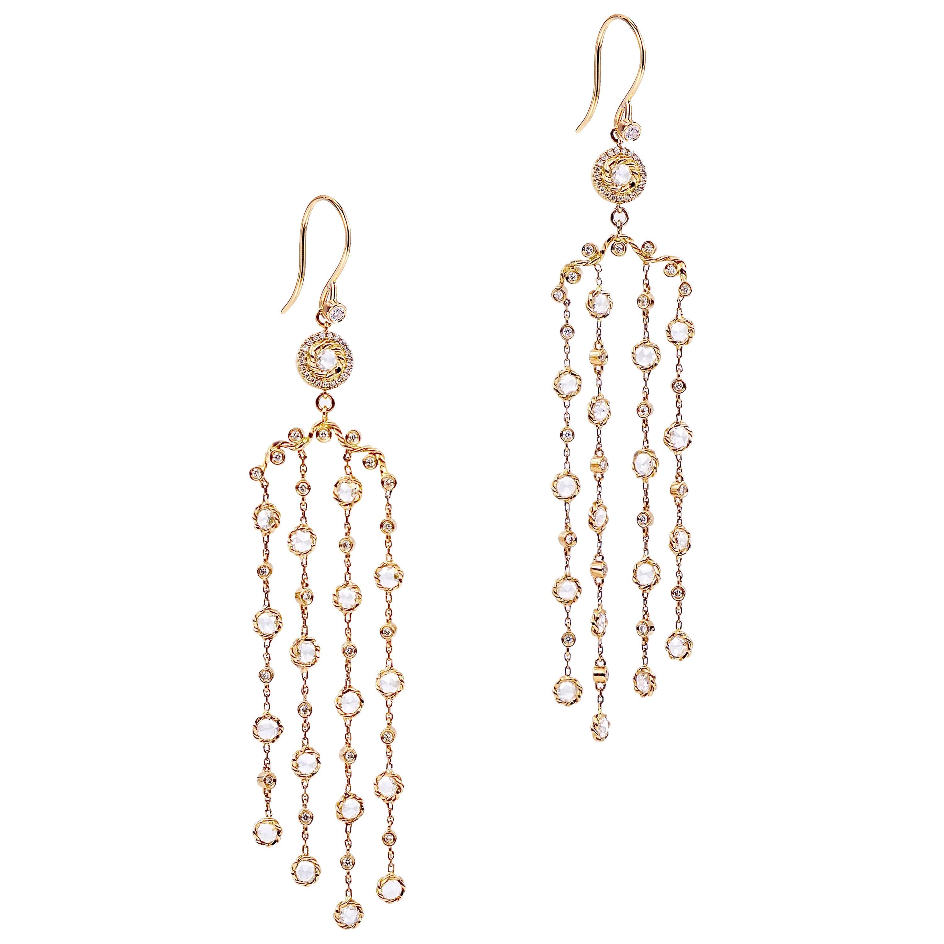 Athena Rose-Cut Diamond Chandelier Earrings 18K Yellow Gold For Sale