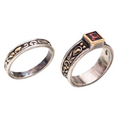 Used 1980s James Avery Garnet, Sterling Silver, 18 Karat Yellow Gold Wedding Ring Set