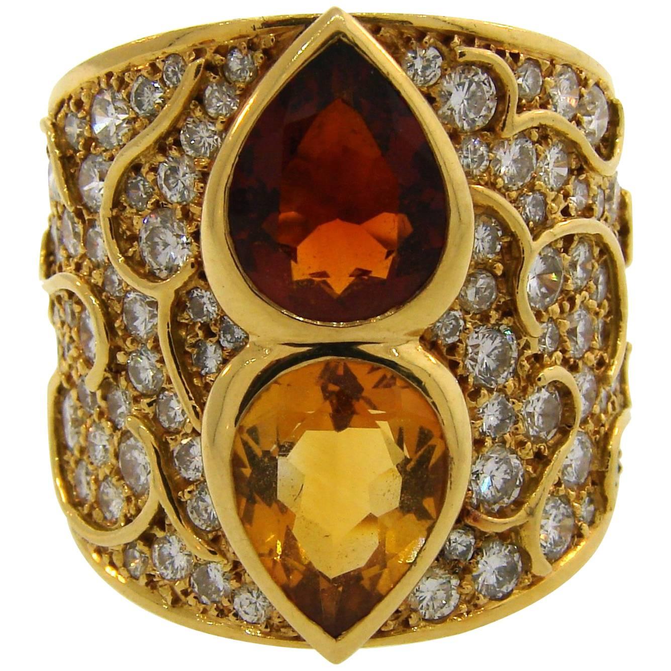 Marina B Vintage 18k Gold Ring with Topaz Citrine Diamond For Sale