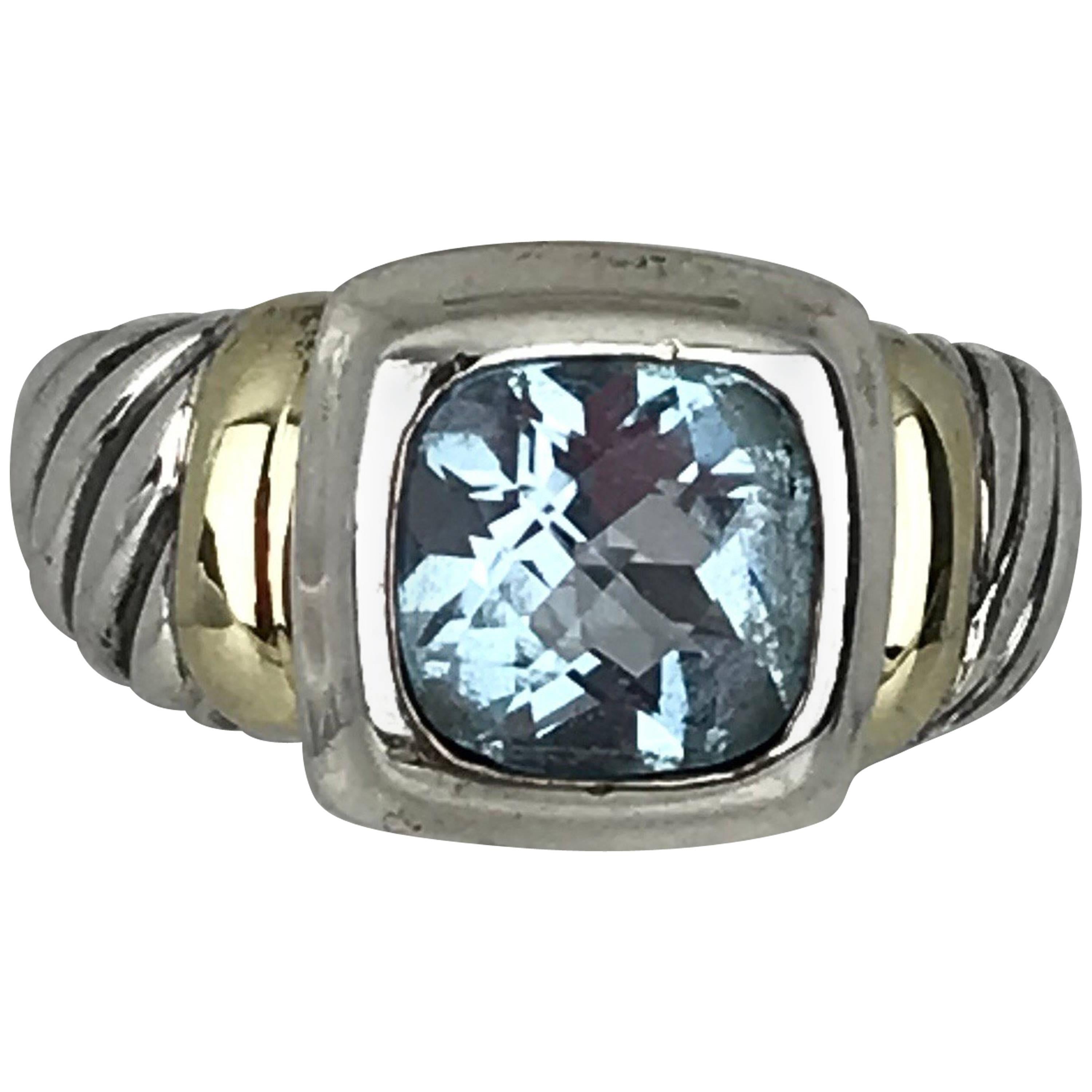 David Yurman Blue Topaz Gemstone on Sterling Silver and 18 Karat Yellow Accent For Sale
