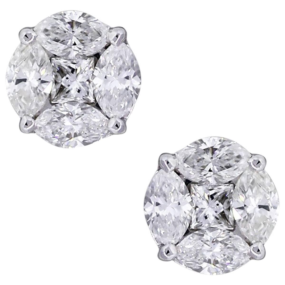 Princess and Marquise Cut Diamond Mosaic Stud Earrings