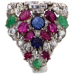 Art Deco Platinum Carved Ruby, Sapphire, Emerald, Diamond Brooch