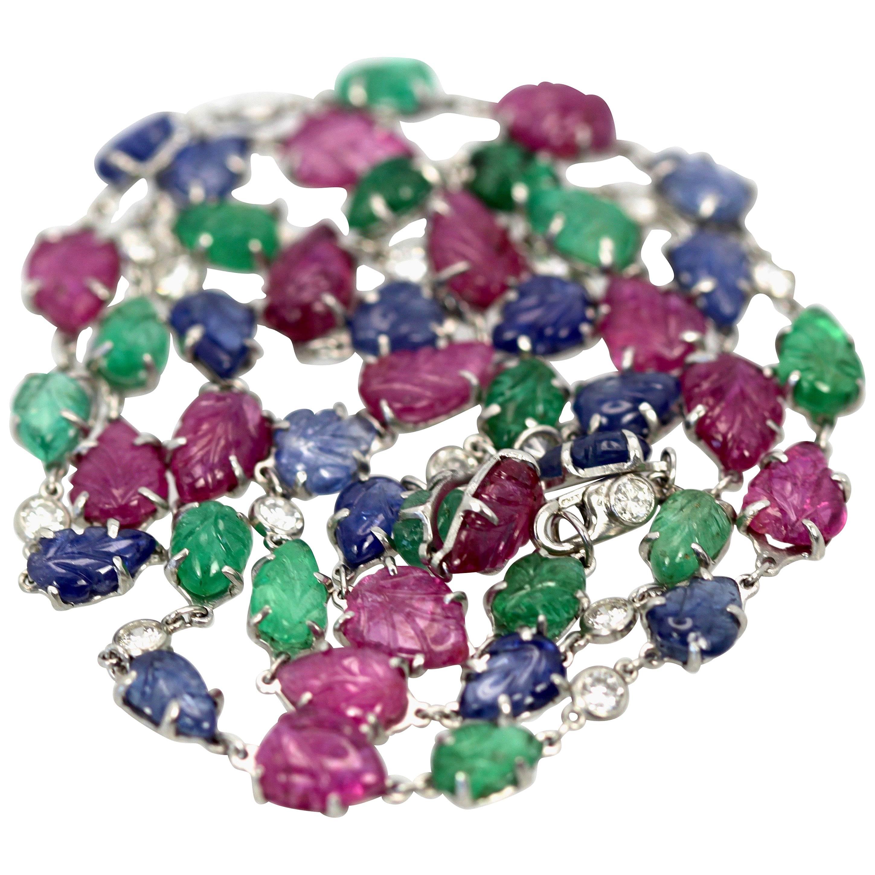 35.91 Carat Sapphires, Emeralds, Rubies, Diamond Platinum Necklace