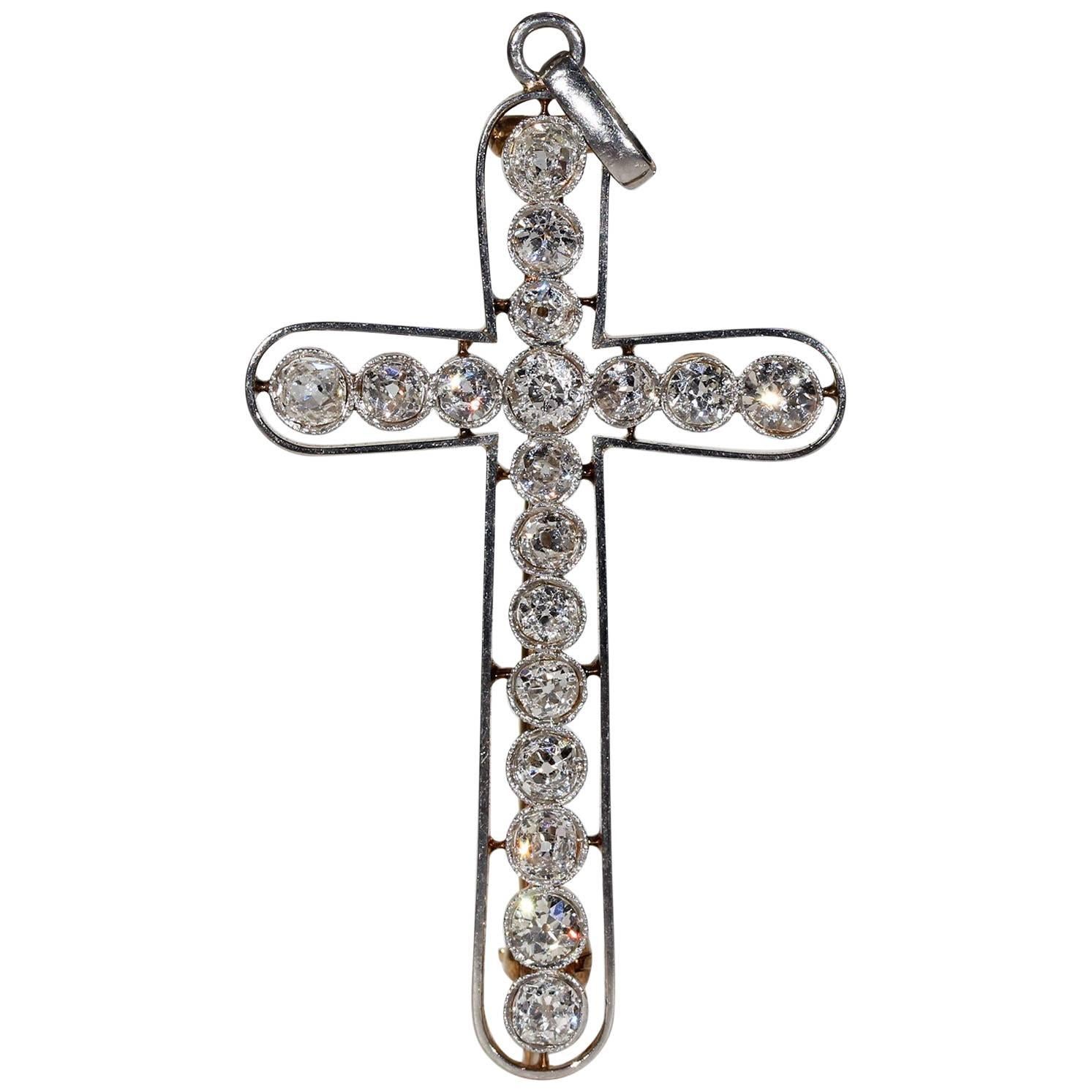 Edwardian European Cut Diamond Cross Pendant Brooch For Sale