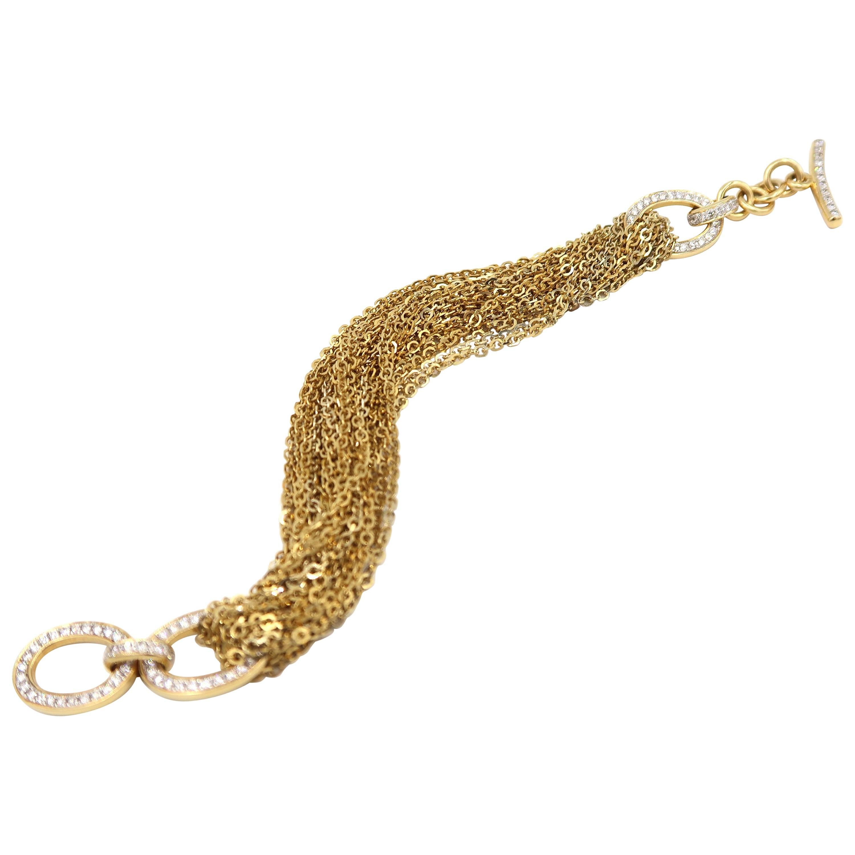 Multiple Strand Yellow Gold Shiny Chain Diamond Bracelet For Sale