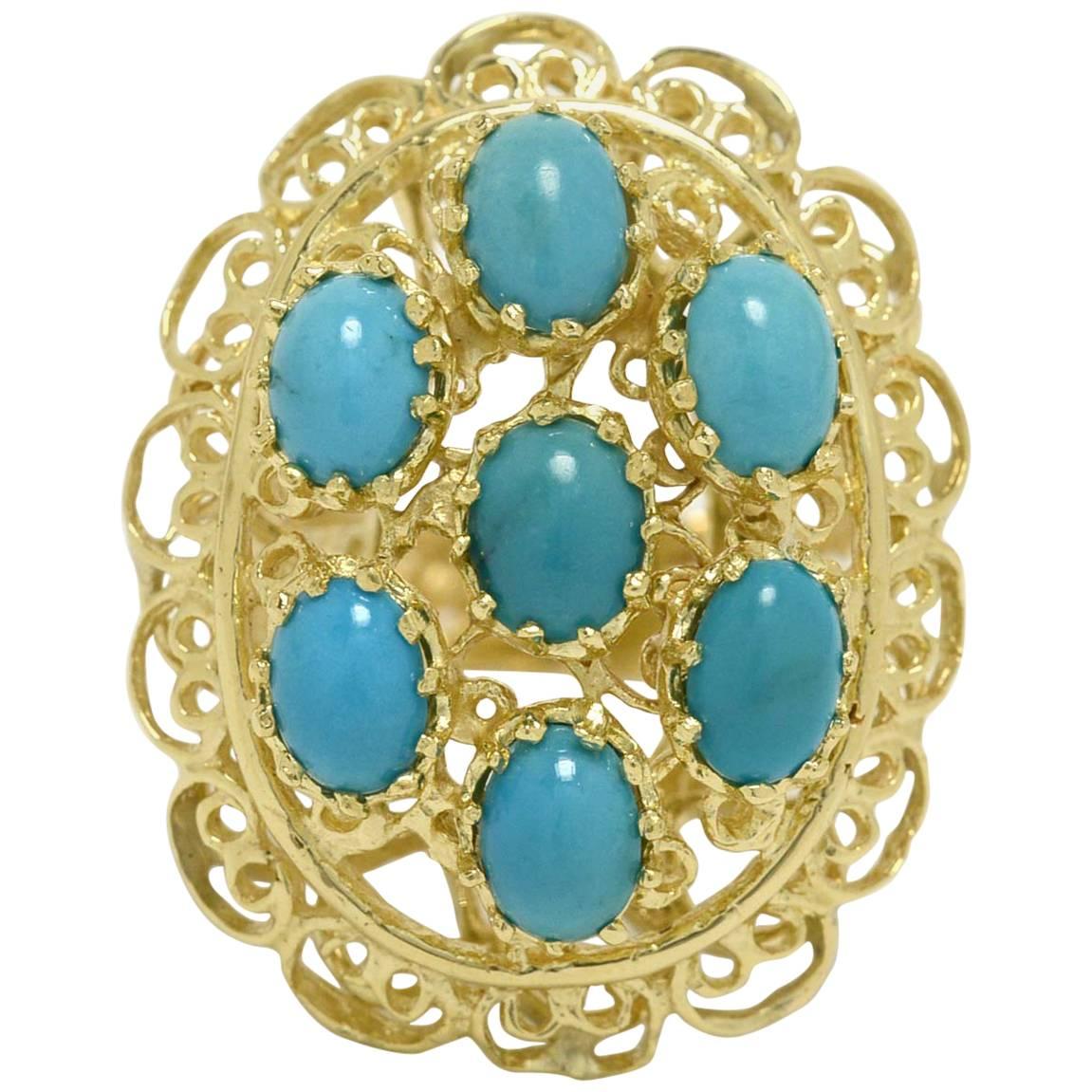 Persian Turquoise Cocktail Ring Statement Brutalist 1960s Yellow Gold Cluster