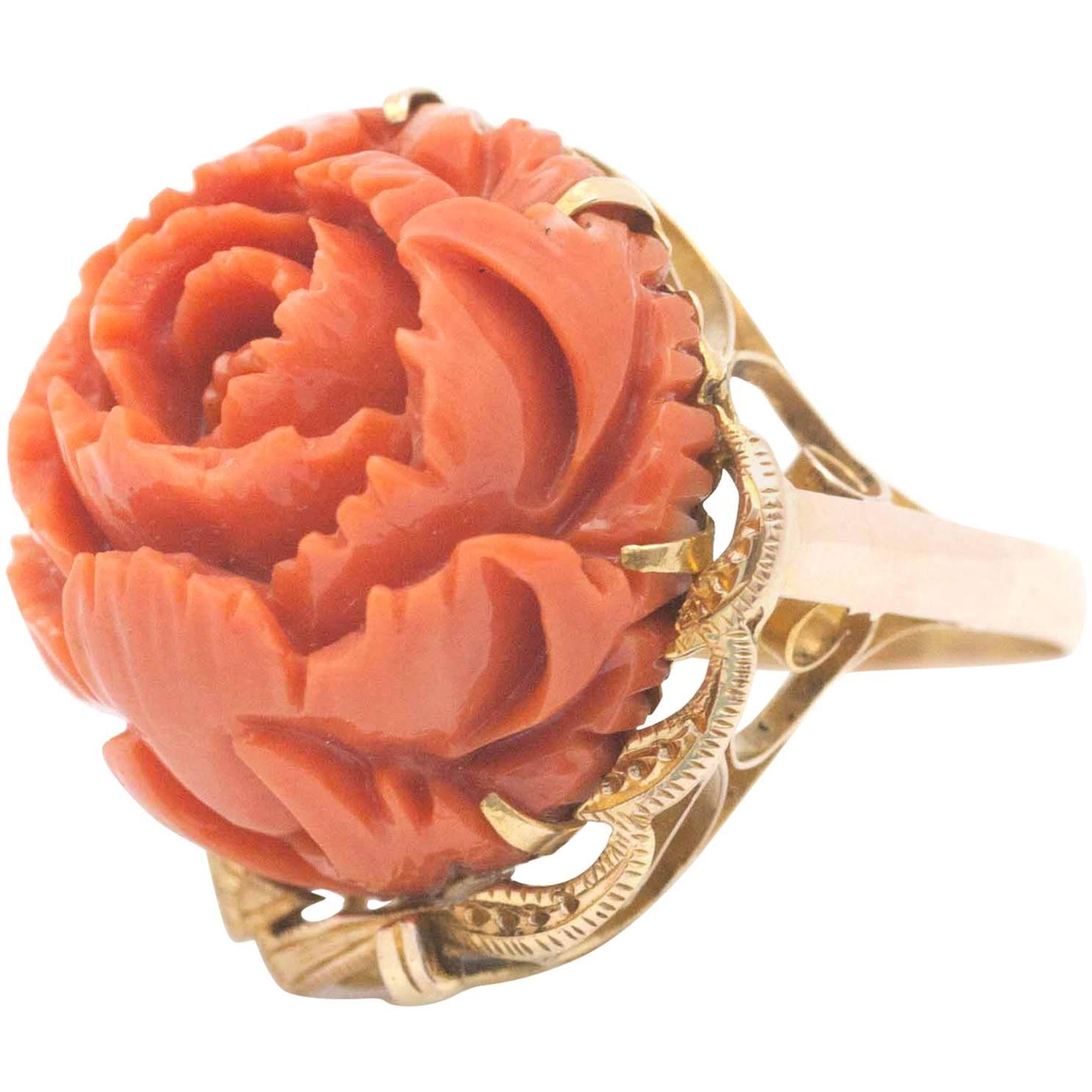 Retro Red Coral Cocktail Ring Statement Rose Carved Peony Flower Yellow Gold