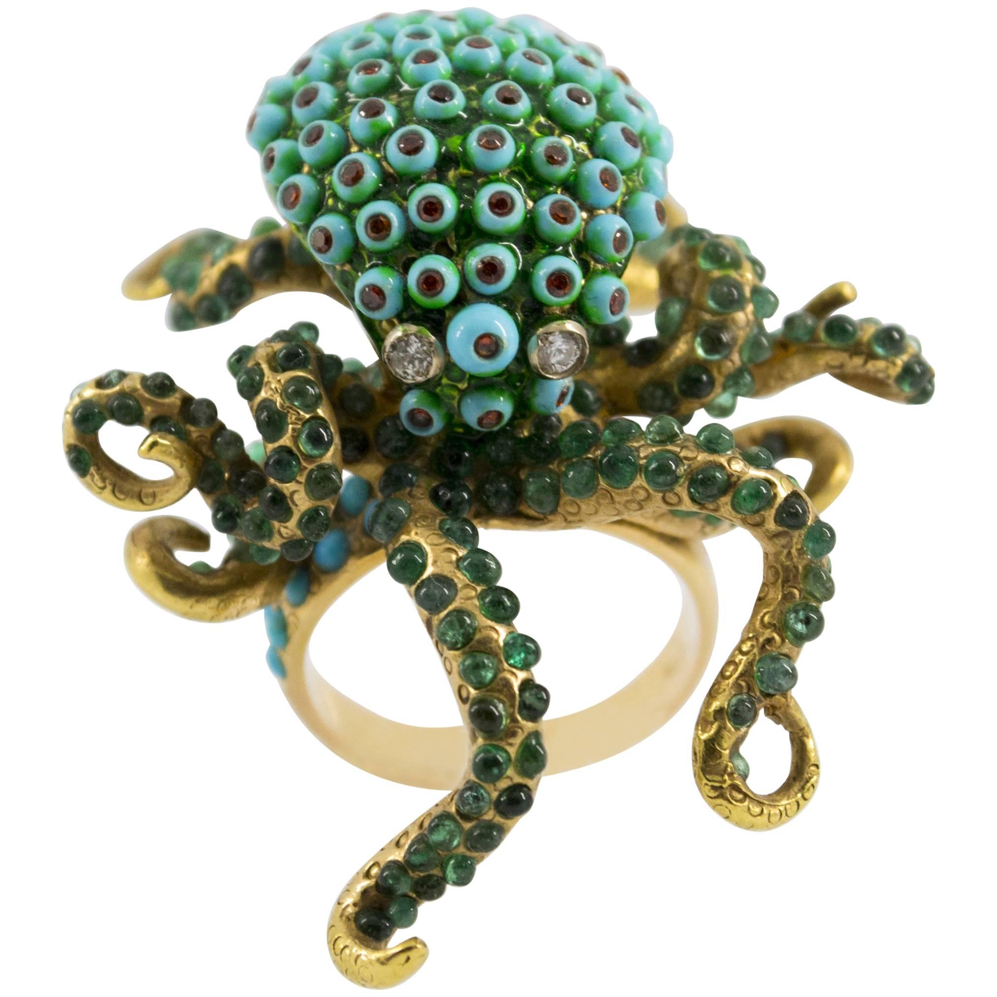 3.80 Carat Emerald Turquoise Garnet Diamond Yellow Gold Octopus Cocktail Ring
