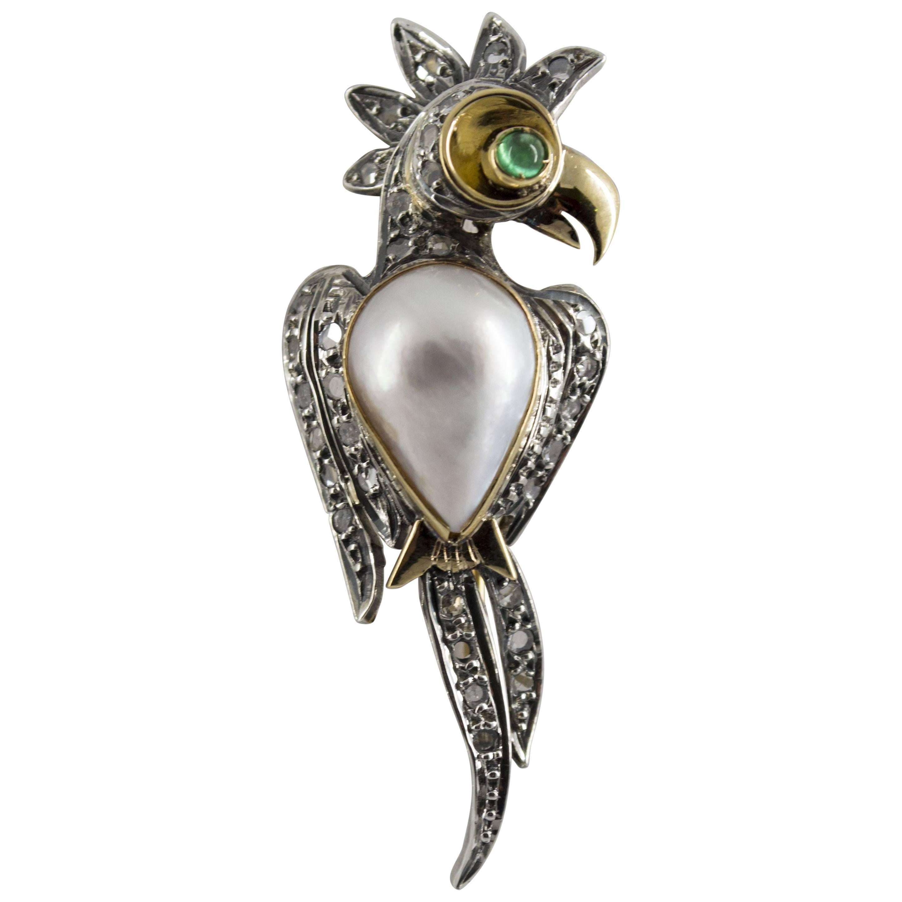 Mabe Pearl Emerald Diamond Yellow Gold Parrot Brooch