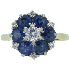 Vintage Blue Sapphire Diamond Cluster Engagement Ring Hallmarked 1973 Birmingham