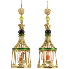 Onyx Coral Quartz Enamel Diamond Yellow Gold Bird Cage Drop Earrings