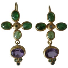 22k -21k Gold Handmade Earrings Tsavorite Garnet Amethyst Blue Diamond in Stock