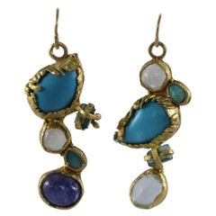 22k-21k Gold Turquoise Tourmaline Crystals Handmade Dangle Drop Earrings Organic