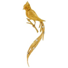 Vintage French 1960s Diamond Ruby and Gold Bird Brooch