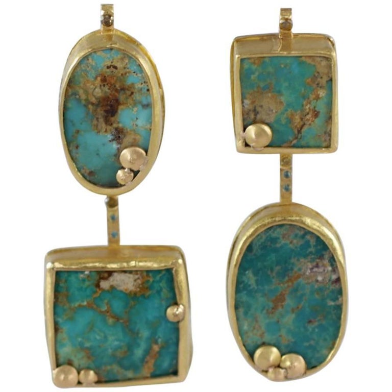 22Karat21Karat Gold Persian Turquoise and Diamond Earrings Handmade