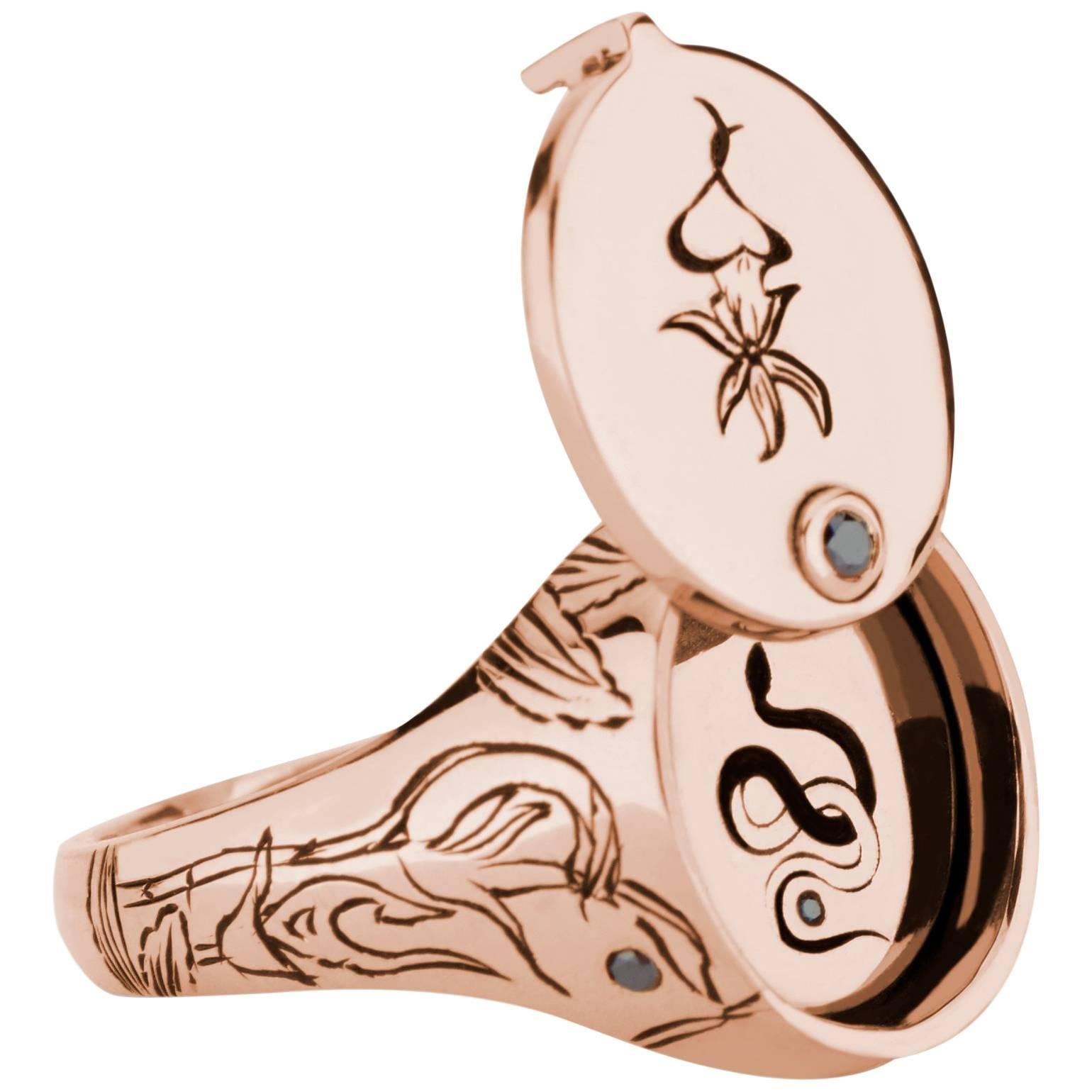 18k Rose Gold and Black Diamond Snake in the Grass Conservatory Signet Ring For Sale