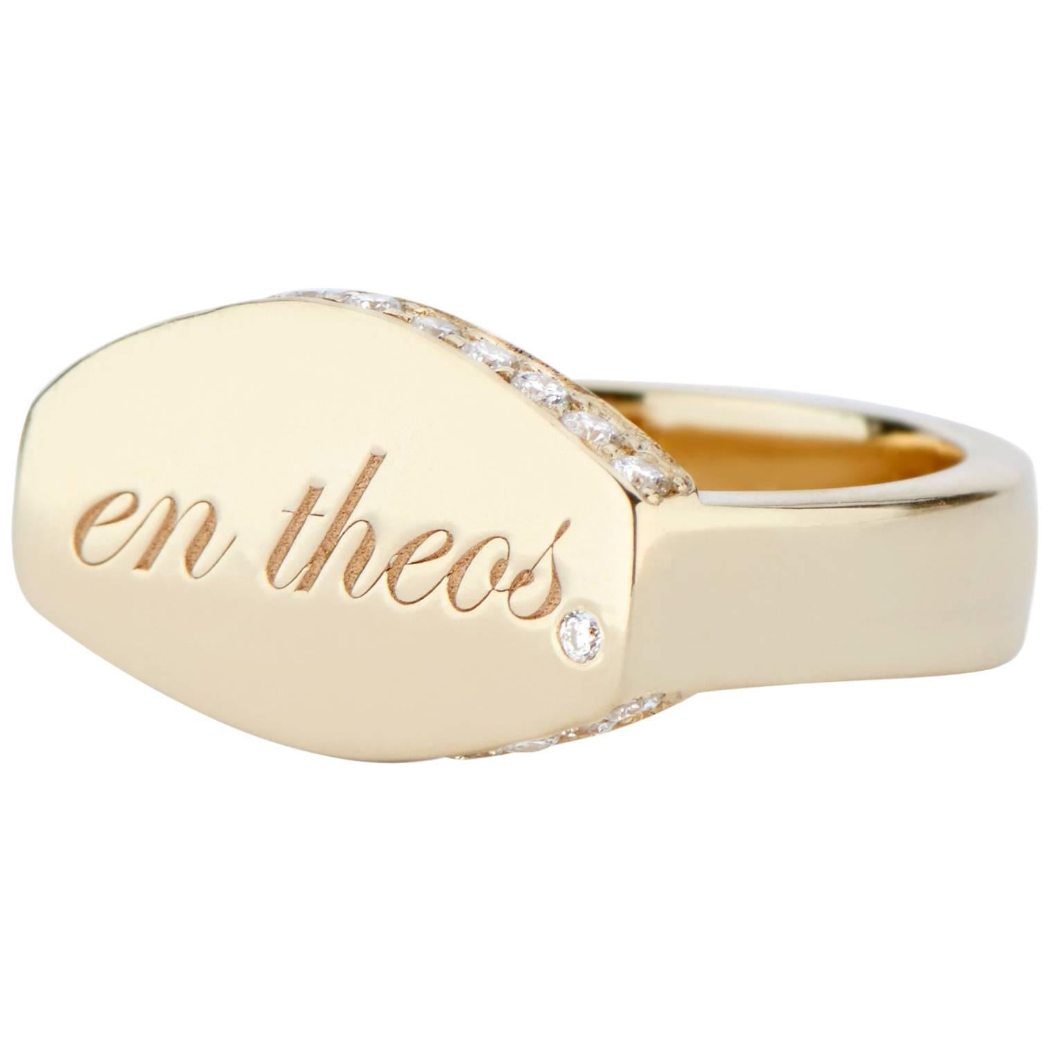 14 Karat Yellow Gold and White Diamond En Theos "a God Within" Signet Ring For Sale