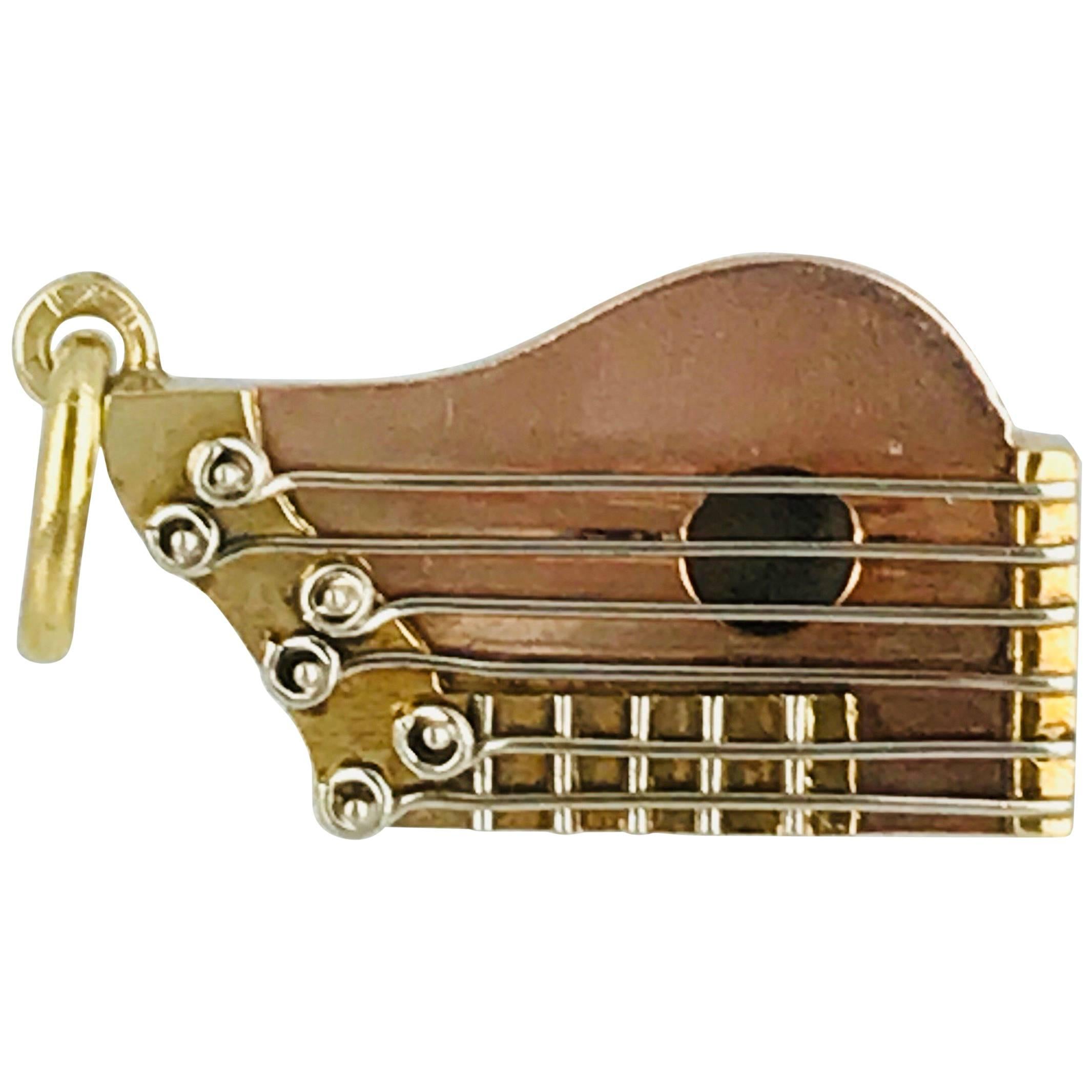Zither Musical Instrument, Charm, 18 Karat Yellow Gold with White Strings, Rare For Sale