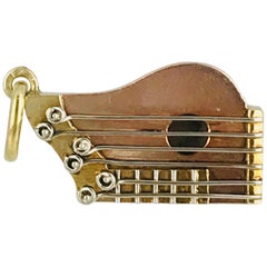 Used Zither Musical Instrument, Charm, 18 Karat Yellow Gold with White Strings, Rare