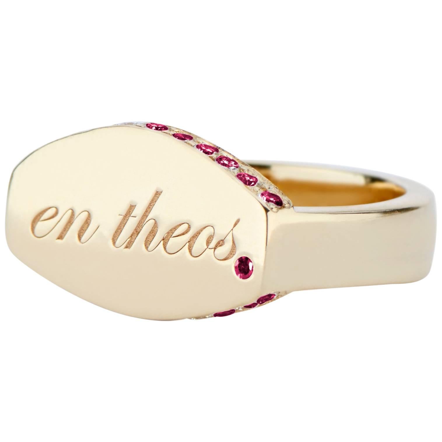 14 Karat Yellow Gold and Ruby En Theos "a God Within" Signet Ring For Sale
