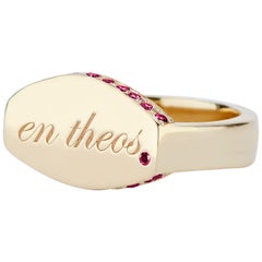 14 Karat Yellow Gold and Ruby En Theos "a God Within" Signet Ring
