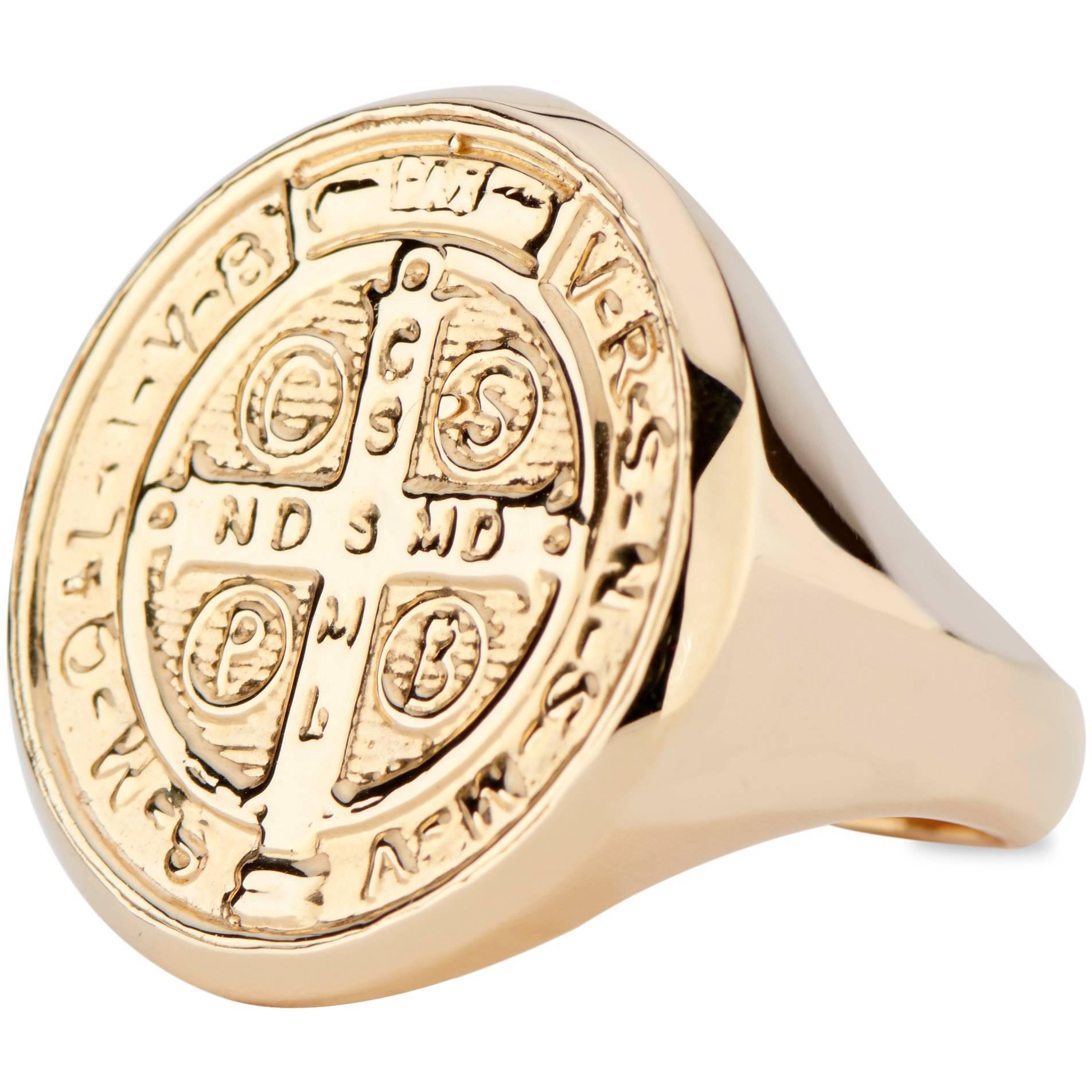 14 Karat Yellow Gold Saint Benedict Signet Ring Cast from Antique Medallion For Sale