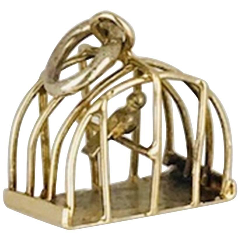Bird in a Cage Charm, Handmade, circa 1950, 14 Karat Yellow Gold For Sale