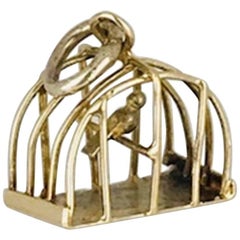Vintage Bird in a Cage Charm, Handmade, circa 1950, 14 Karat Yellow Gold