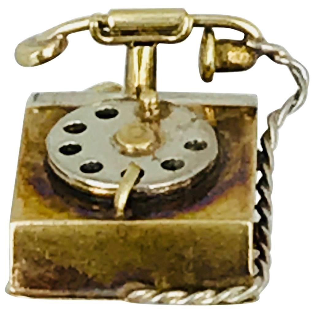 Handmade, Telephone Charm, Two-Tone 14 Karat Gold, circa 1960 For Sale