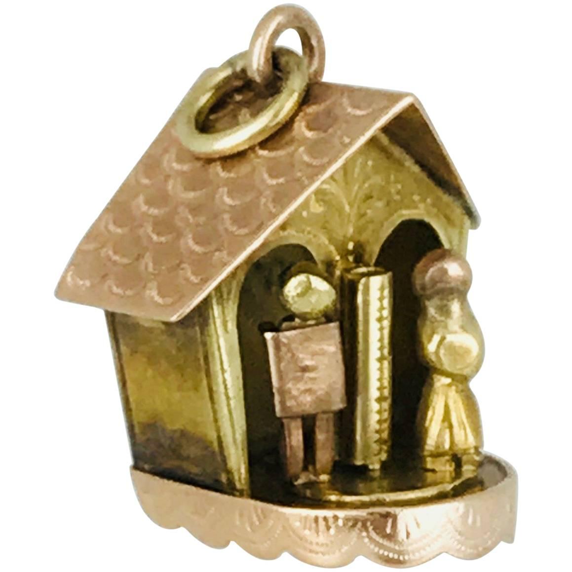 Charm with Movable Figures in House, Pink and Yellow Gold, Handmade circa 1950 For Sale
